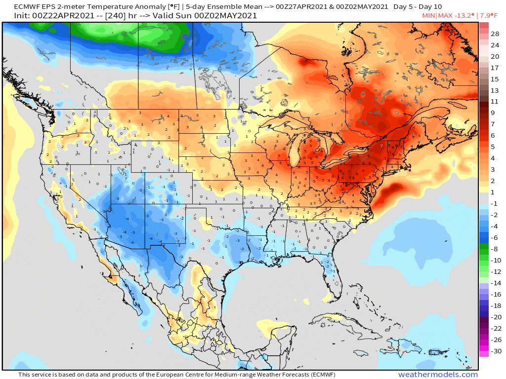 4-22-21 Early AM Energy Report: Differences continue in forecast data into May, but warmer forecast remains next week. B.