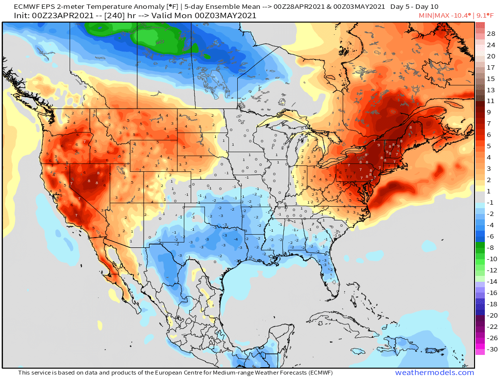 4-23-21 Early AM Energy Report: Some ups/downs continue, but warmer pattern becomes more frequent for May. B.