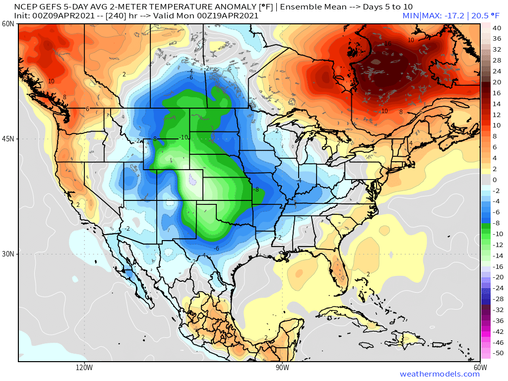 4-9-21 Early AM Energy Report: Notable shot of cool air remains likely next week. Discussing how long this pattern lasts. B.