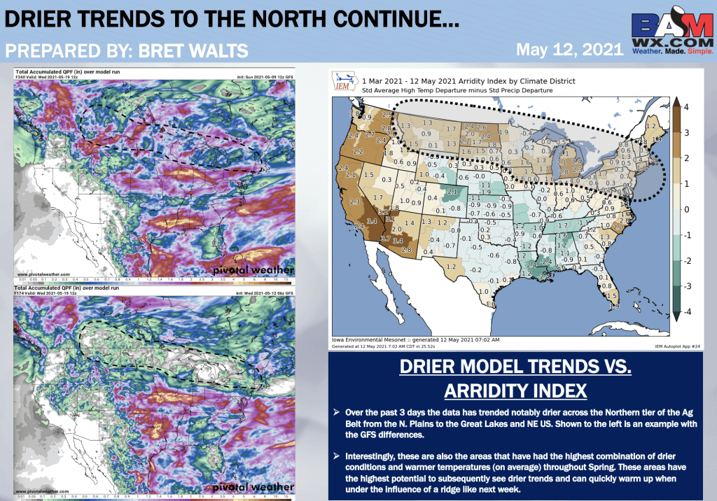 5-12-21 Long-range: Discussing modeled wetter biases (north) + eyeing warmer pattern progression ahead into mid-May. B.