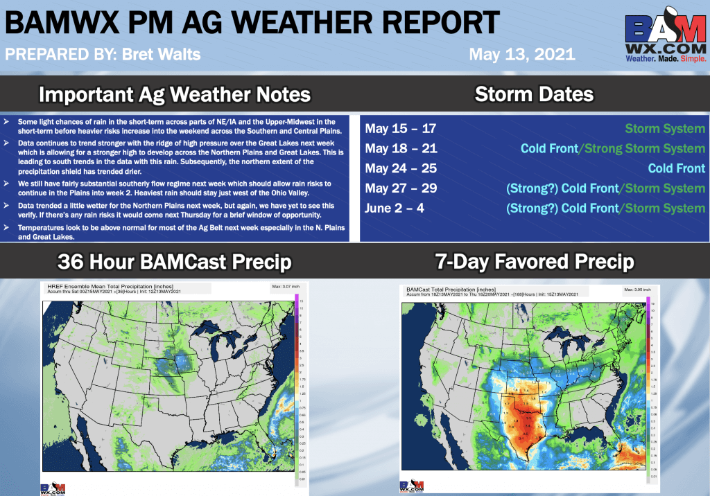 5-13-21 PM Ag Weather Report: Keeping an eye on high pressure next week & its influence on rain chances in the central US. B.