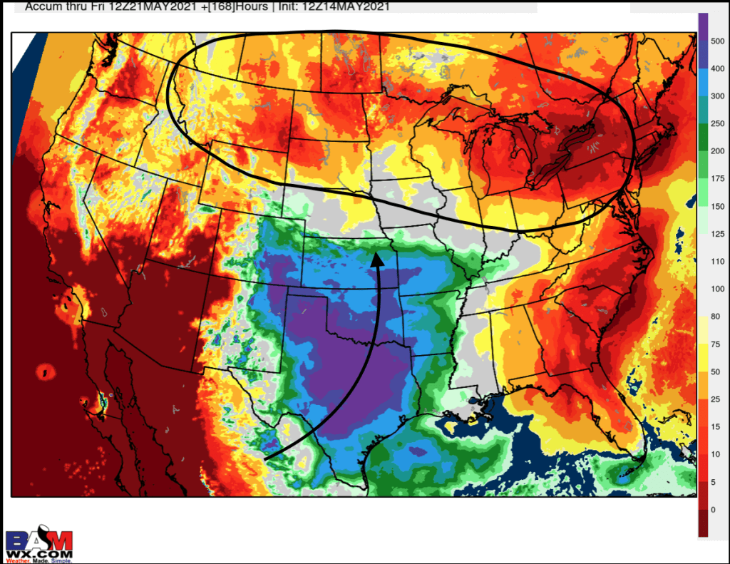 5-14-21 Long-range: More mild pattern emerges ahead…discussing risks for another change early June. K.