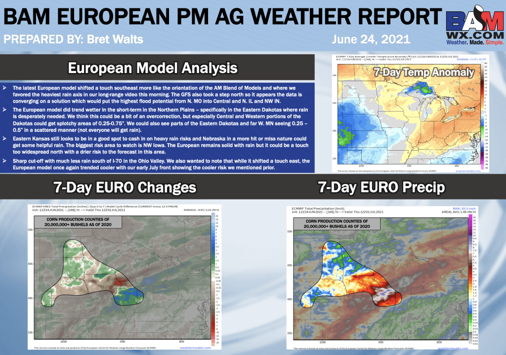 6-24-21 PM European Ag Weather Report: Euro shifts towards our AM thoughts… data starting to converge. B.