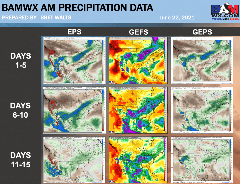6-22-21 AM Ag Weather Report: Increasing chances for solid rains in Iowa the next 2 weeks. Very wet E. Ag Belt. B.