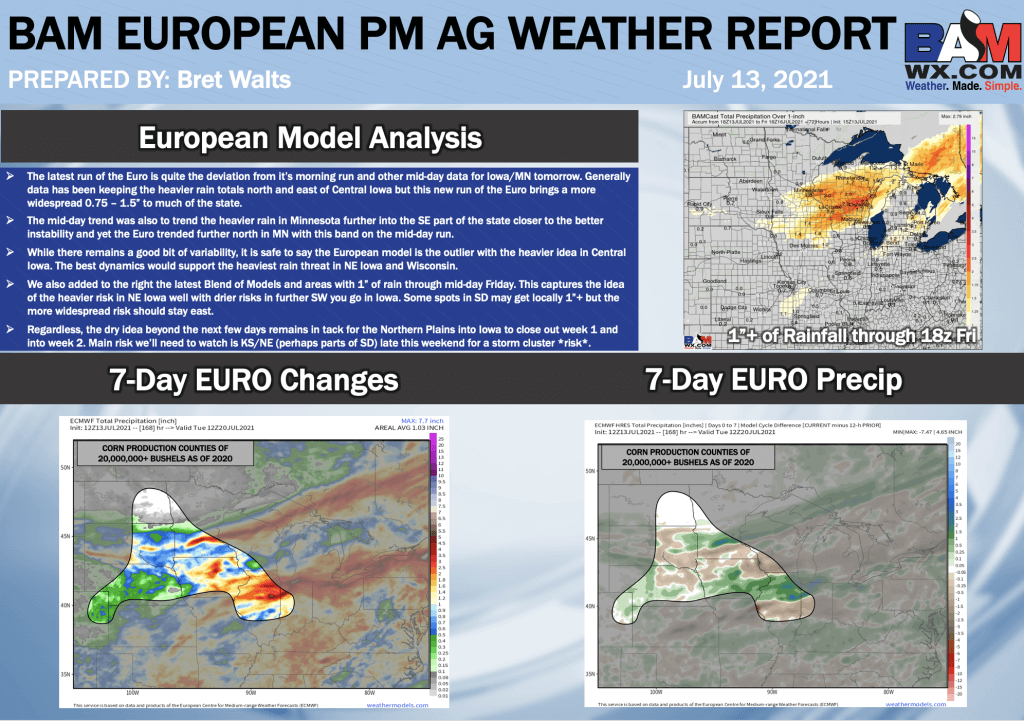7-13-21 PM Euro Ag Weather Report: Discussing favored idea for rain the next few days… drier period still on tap. B.