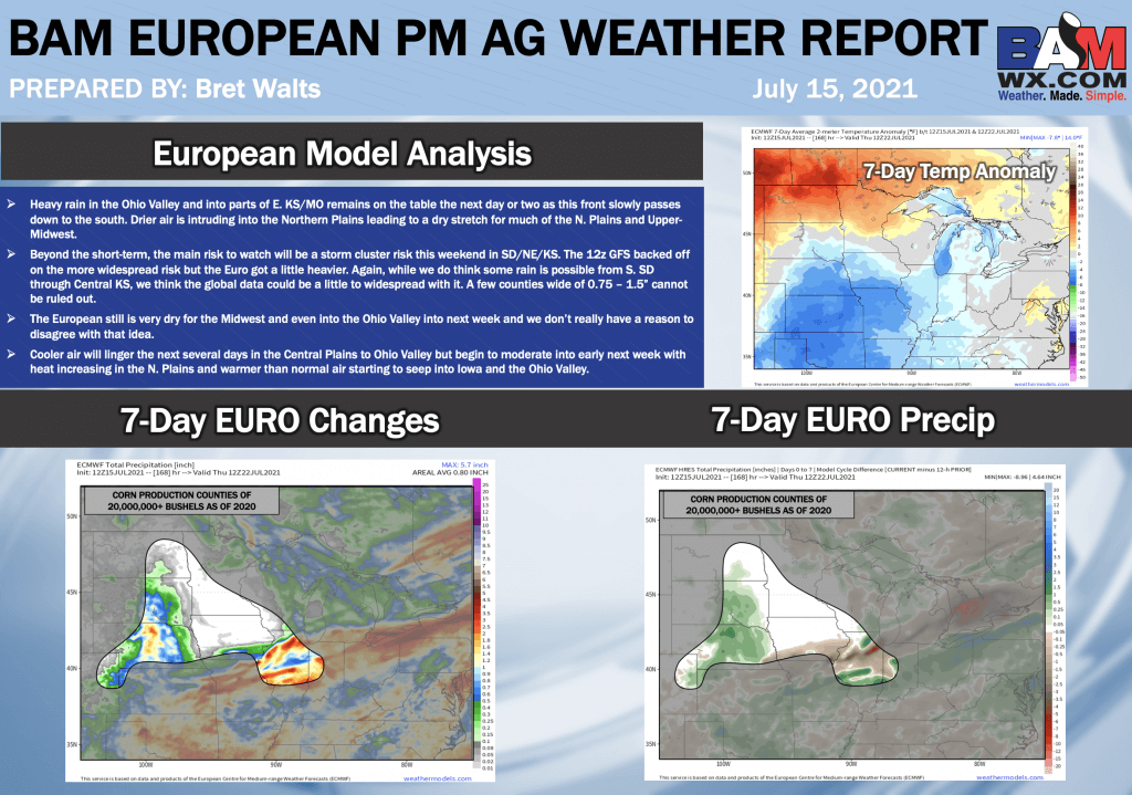 7-15-21 PM Euro Ag Weather Report: Latest details for weekend storm risks in Plains. B.