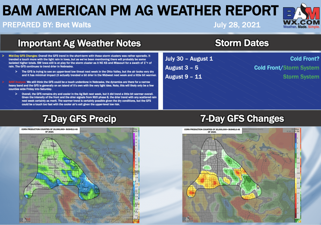 7-28-21 PM GFS Ag Weather Report: Latest thoughts on storm risks the next few days. Cooler, continued inactive pattern next week. B.