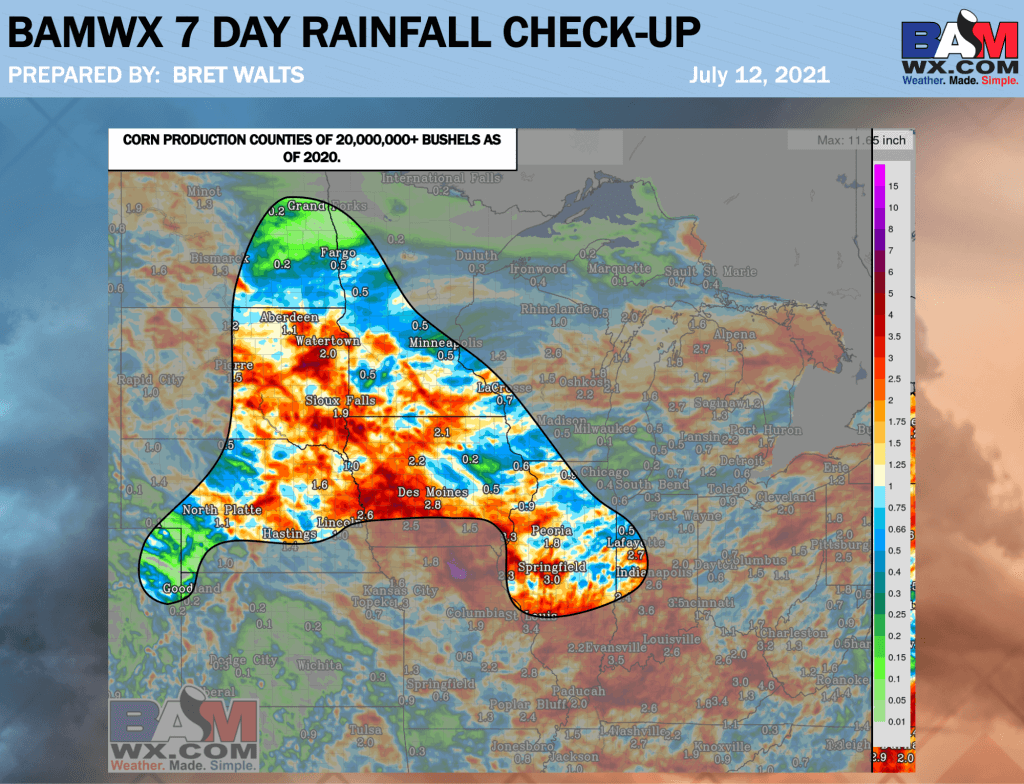 7-12-21 AM Ag Weather Report: Additional beneficial rainfall risks this week, but hotter/drier risks loom for the N. Corn Belt. B.