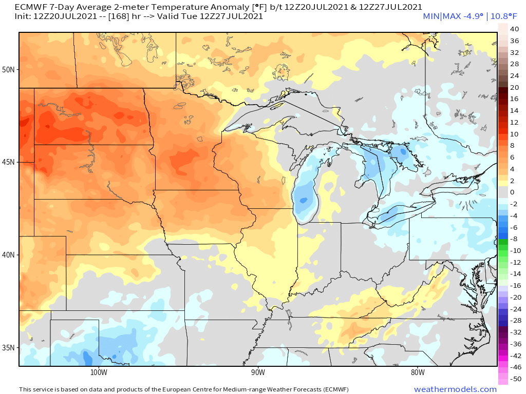 7-20-21 Euro PM Ag Weather Report: Highest rain chances remain in the Great Lakes this week. Building heat. B.