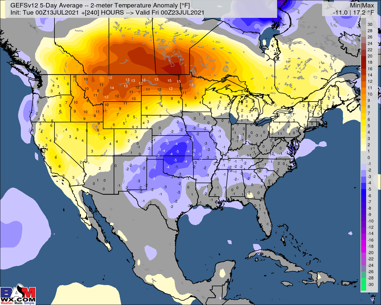 7-13-21 Early AM Energy Report: Heat builds north into next week. Cooler air south limits cooling demand increase. B.