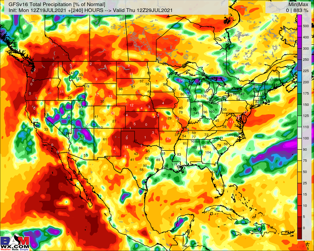 7-19-21 PM GFS Ag Weather Report: Some storm risks in the E. Ag Belt later in this period. Plains dryness remains on track. B.