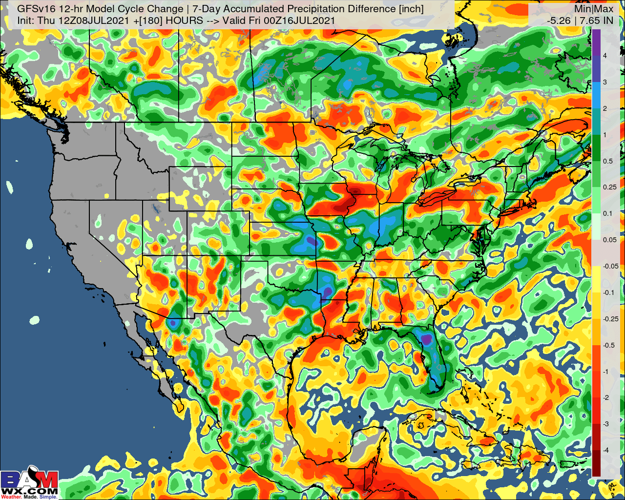 7-8-21 PM GFS Ag Weather Report: Latest details on storm cluster risks this weekend, volatility continues with upper-level low pressure forecast. B.