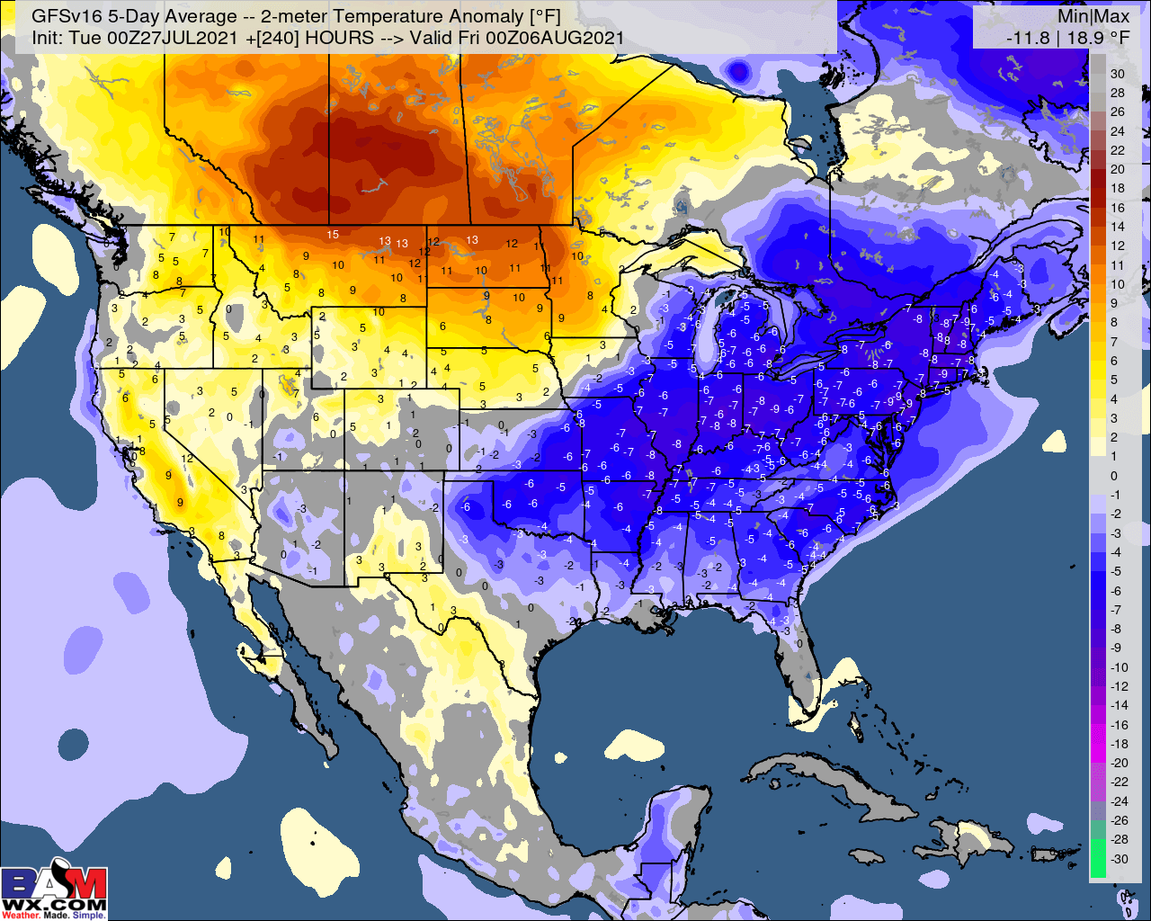 7-27-21 Early AM Energy Report: Cooler trends east over the past few runs. Keeping an eye on Mid-August for another heat risk. B.