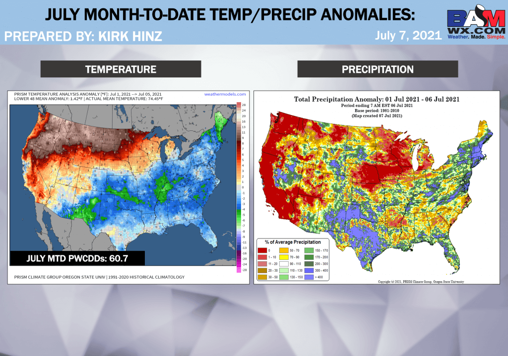 7-7-21 Long-range:  Crucial update discussing short term rain risks. Hotter risk remains on the table into Late July. B.