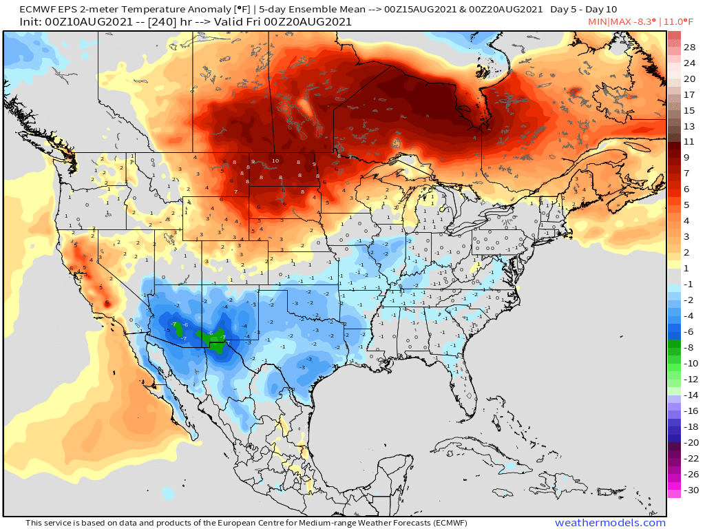 8-10-21 Early AM Energy Report: Front moderates heat to close this week. Data remains warm through week 2. B.
