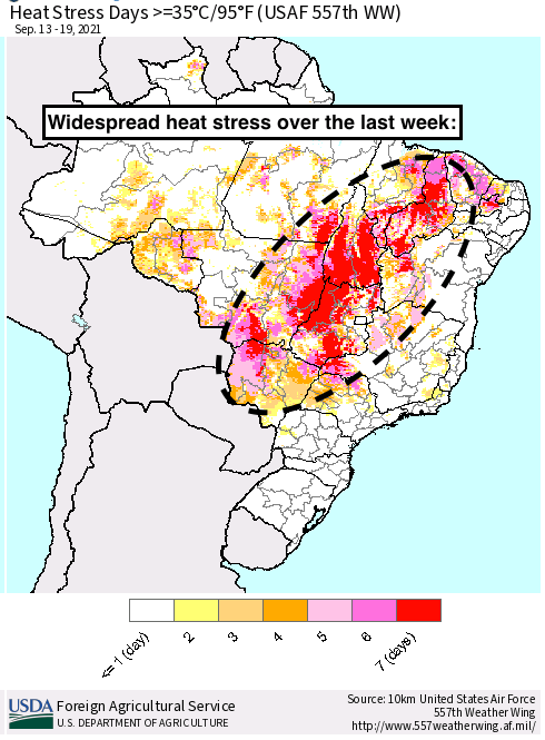 9-21-21 South America: Concerns growing for central Brazil heat stress / rainfall deficits carrying over into Oct. K.