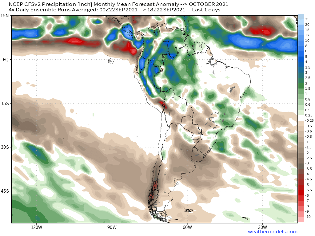 9-23-21 South America: Data shifting warmer/drier longer for C. Brazil…discussing these risks into Oct. K.