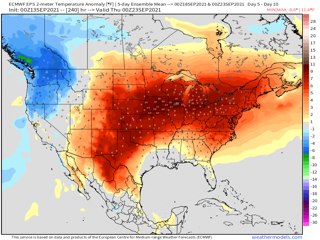9-13-21 Early AM Energy Report: Warmth dominates mid-late September… now forecasting second highest CDD Sep. on record. B.