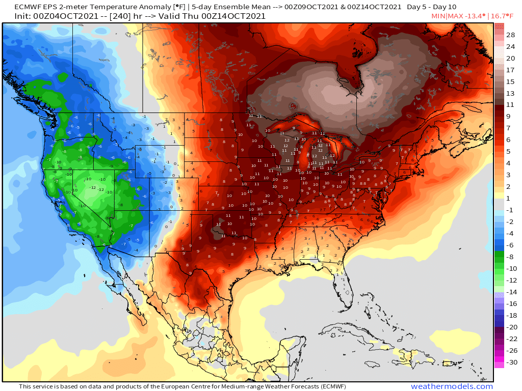 10-4-21 Early AM Energy Report: Warmth shows no signs of backing down into the middle part of the month in the E. US. Details here. B.