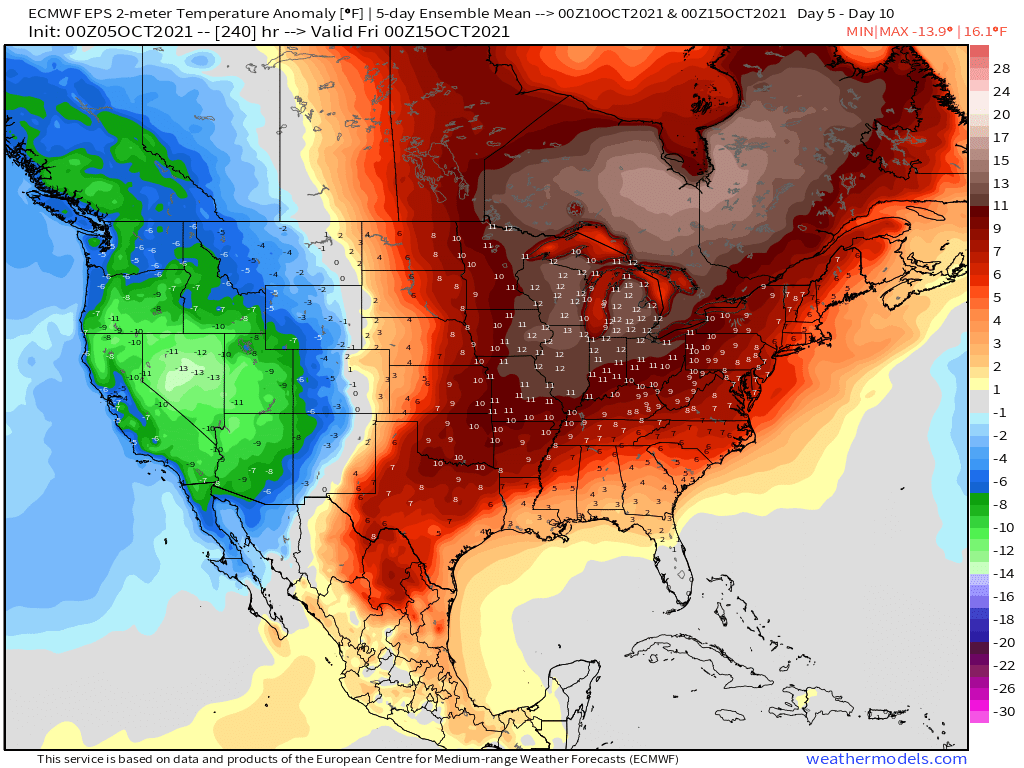 10-5-21 Early AM Energy Report: Data remains consistent with E. US warmth next week. Discussing tendencies for the final third of October. B.