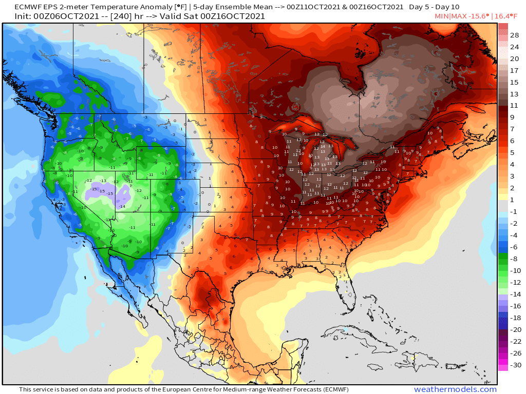 10-6-21 Early AM Energy Report: Notable warmth continues through mid-October. Moderation *south* late week 2 possible. B.