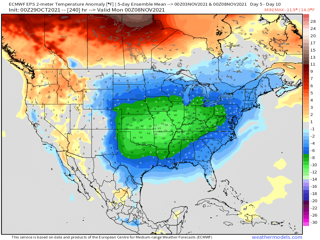 10-29-21 Early AM Energy Report: Model volatility continues as pattern moderates late week 2. Cooler air lingers south/east. B.