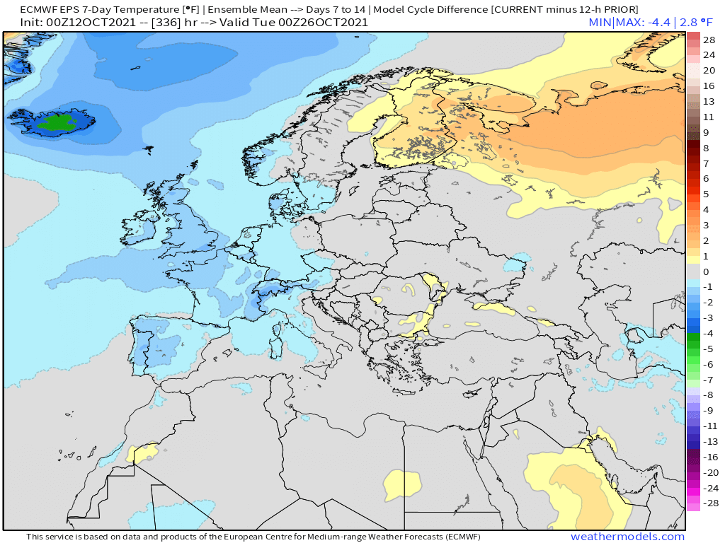 10-12-21 Early AM Energy Report: Latest details on US cold front risks in week 2. Updated Europe temperature forecast. B.