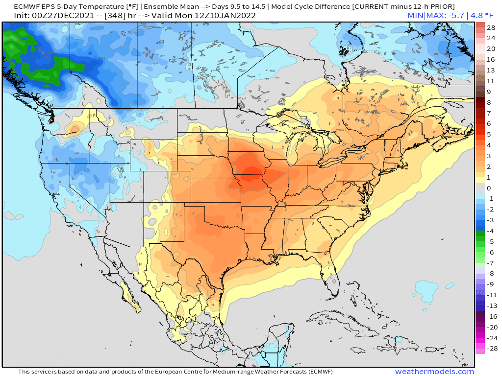 12-27-21 Early AM Energy Report: Notable warmer changes overnight, data still seeing shot of cooler air with early Jan. storm. B.