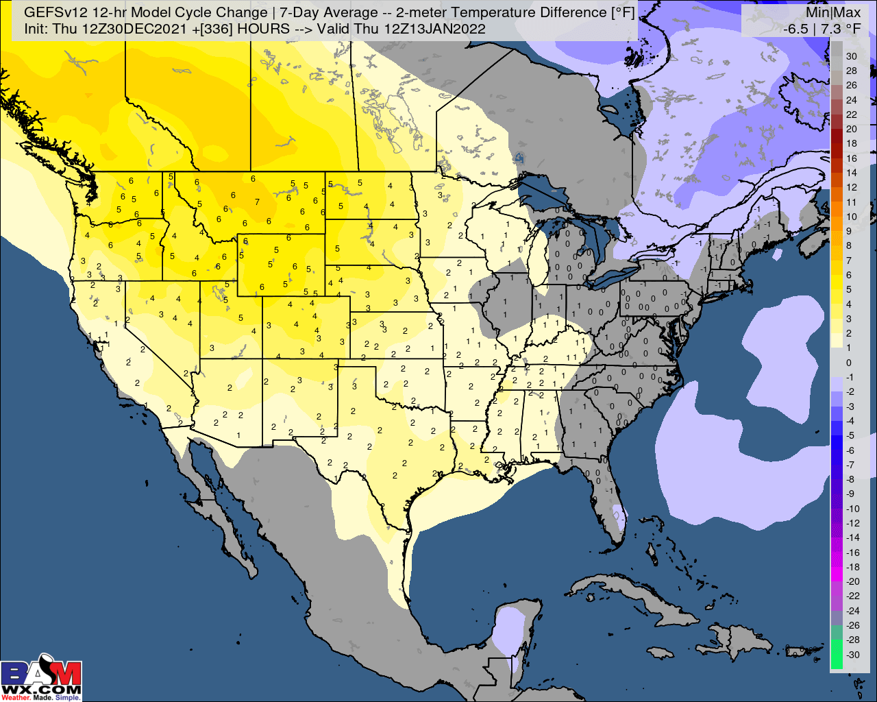 12-30-21 PM GEFS Energy Report: GEFS remains very cold in week 2, but warmer trends late in the period. B.