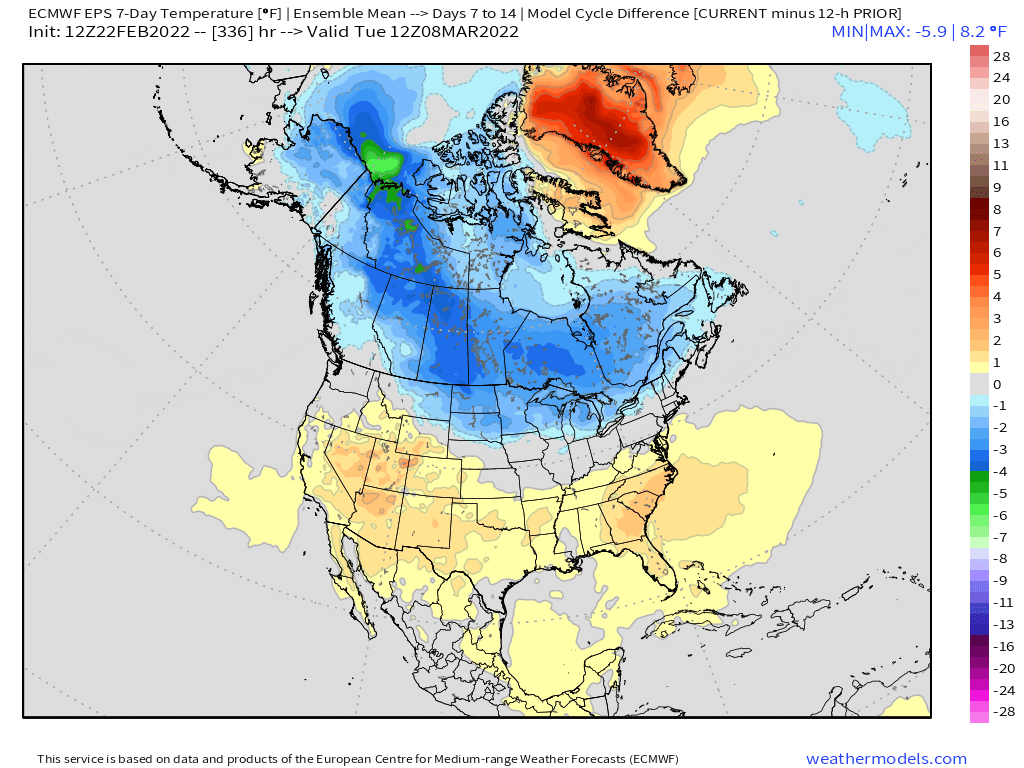 2-22-22 PM EPS Energy Report: Additional medium-range warmer trends on the mid-day EPS. B.