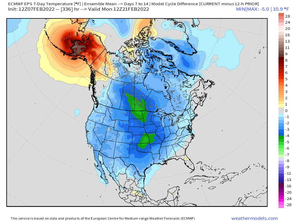 2-7-22 PM EPS Energy Report: EPS diverges from American data with notable mid-day colder changes. B.