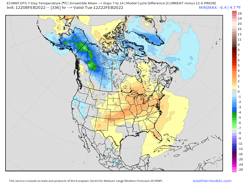 2-8-22 PM EPS Energy Report: Warmer trends on the mid-day EPS as week 2 data diverges again. B.