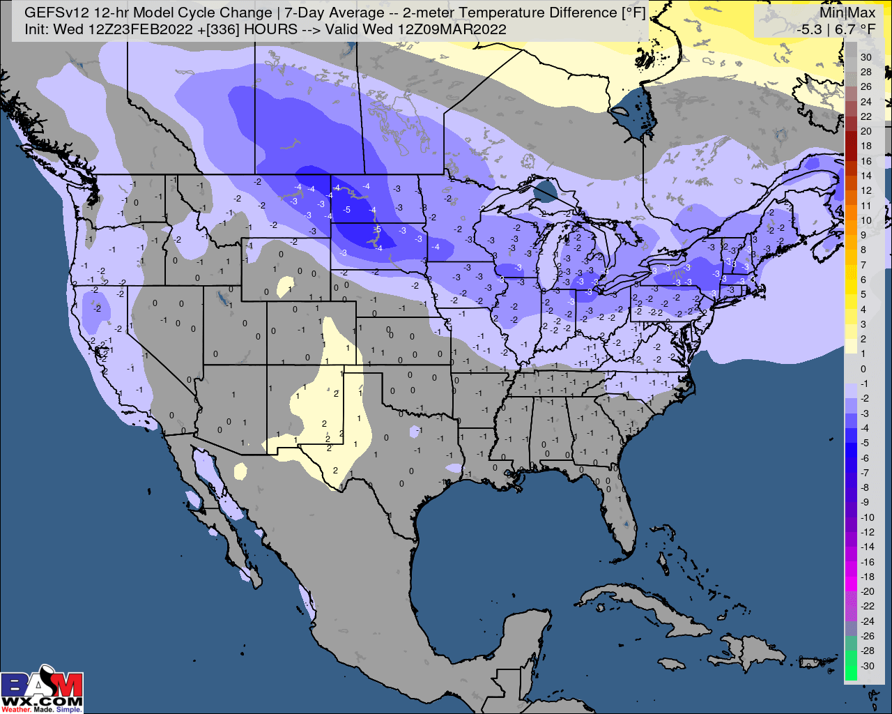 2-23-22 PM GEFS Energy Report: Colder trends in the Northern/Eastern US on mid-day GEFS. Details on week 2 fronts here. B.