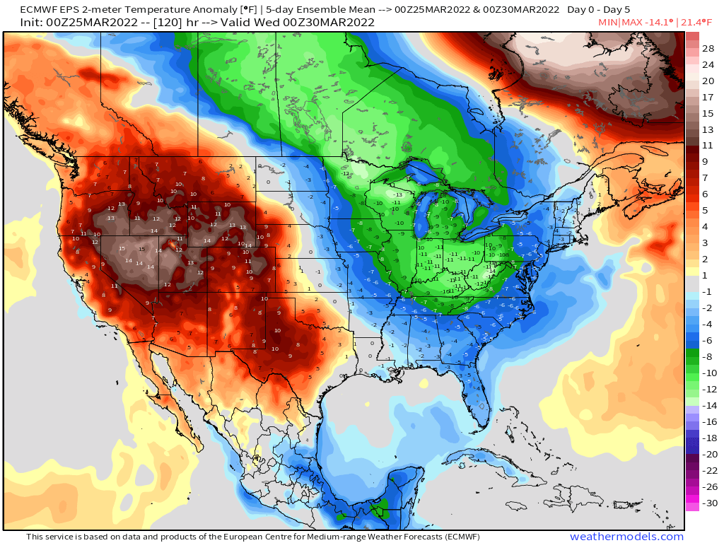3-25-22 Early AM Energy Report: Cold shot this weekend, with generally cooler pattern into April. B.