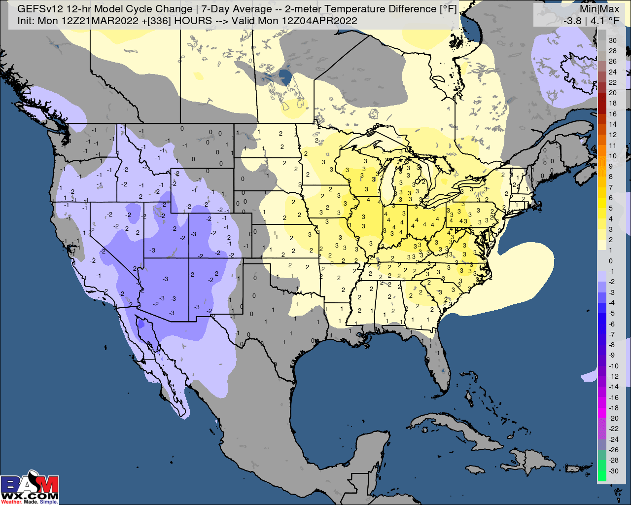3-21-22 PM GEFS Energy Report:  Warmer mid-day GEFS trends, new week 2 closer to BAM forecast. B.