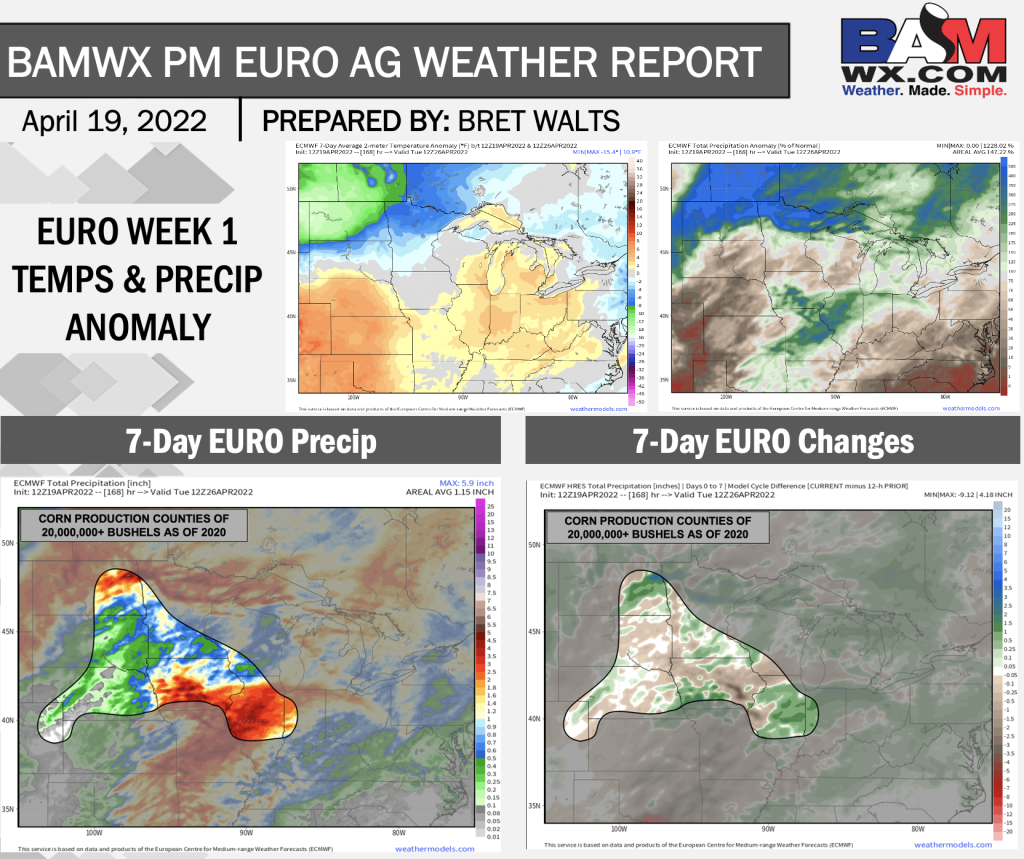 4-19-22 PM Euro Ag Weather Report: Analyzing differences in week 1 model data. Wetter Ohio Valley trends. B.