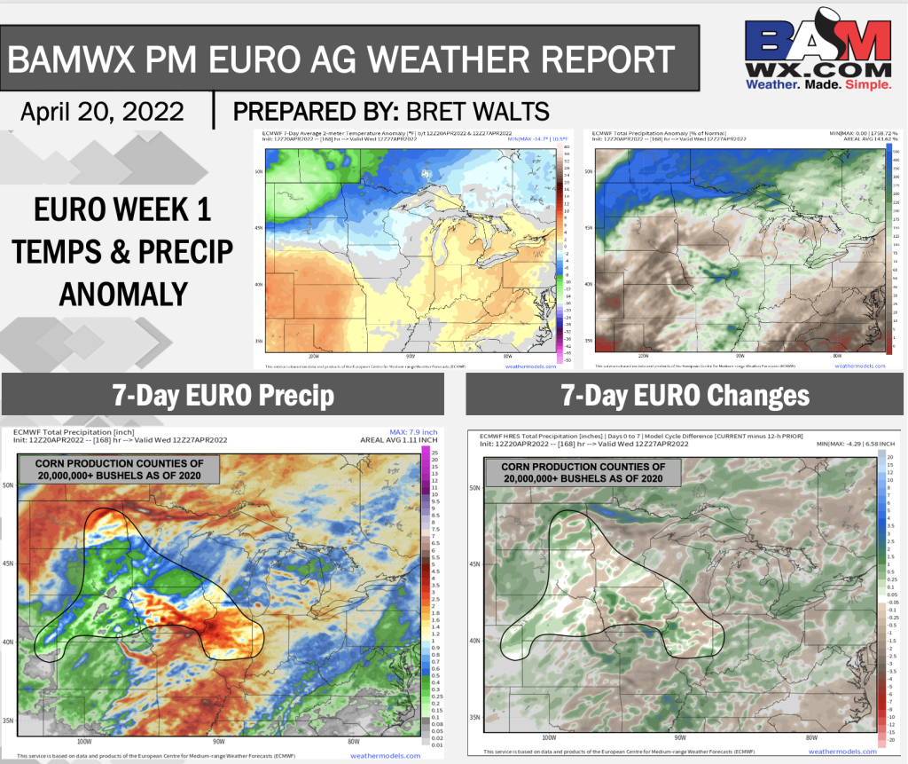 4-20-22 PM Euro Ag Weather Report: Wetter trends in E. Ag Belt. Differences continue in Iowa. B.