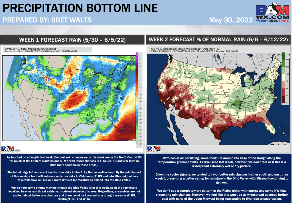 5-30-22 Weeks Ahead Outlook: Heat east to start this week, but cooler pattern arrives for the first part of June. B.