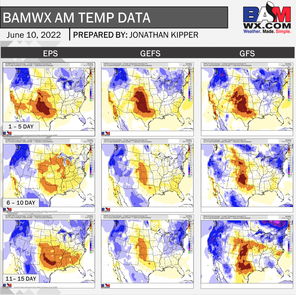 6-10-22 AM Ag Weather Report: Record heat possible early next week. Hotter/drier than normal pattern could lead to increasing dryness to close June. B.