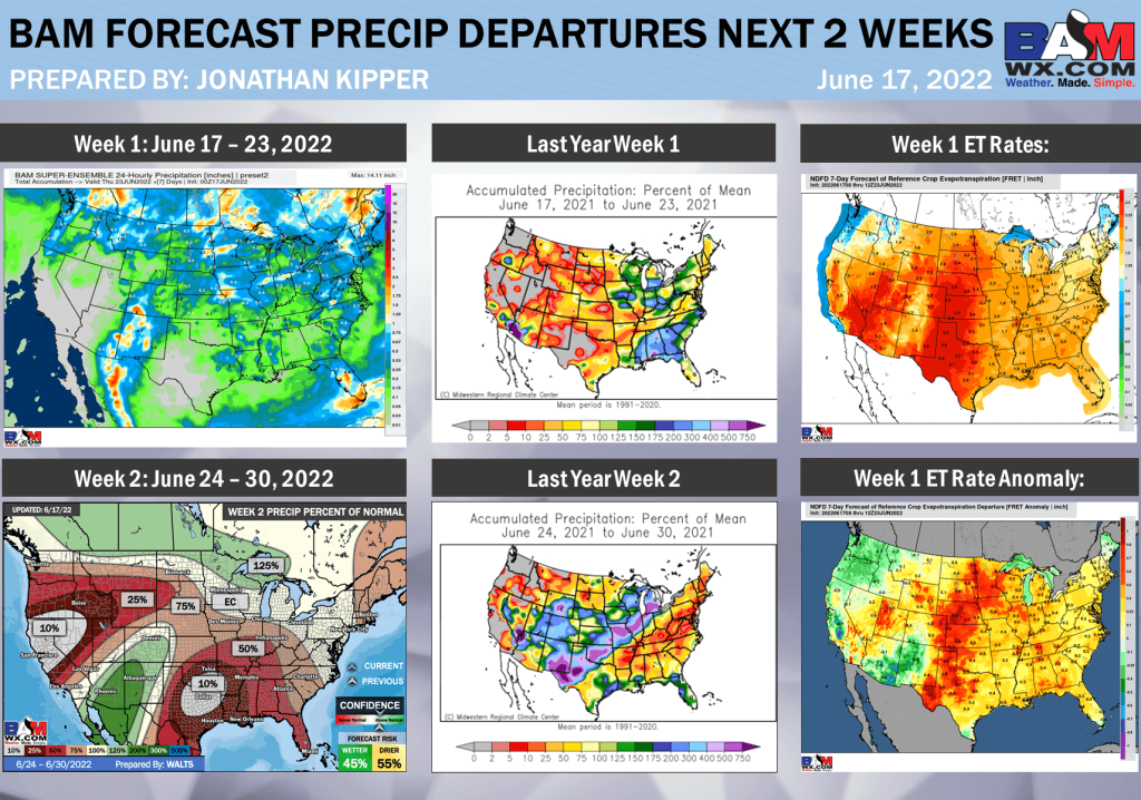 6-17-22 Long Range: Heat expected to persist through the first half of July. Detailed analysis on precipitation risks. B.
